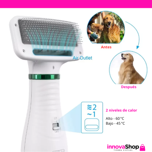 NUEVO CEPILLO SECADOR DE MASCOTA 2 EN 1 + GUIA DIGITAL CONSEJOS PARA PELAJE DE PERROS Y GATOS