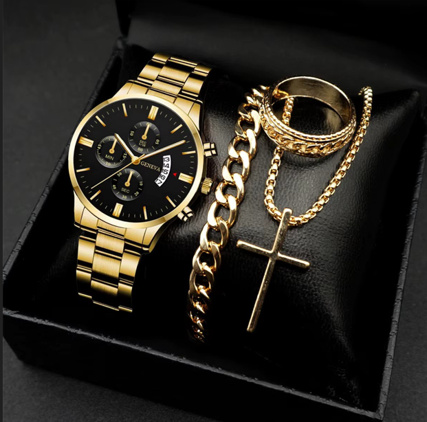 NUEVO SET LUXOR™ – RELOJ + PULSERA + CADENA + ANILLO | Edición Regalo para Hombre