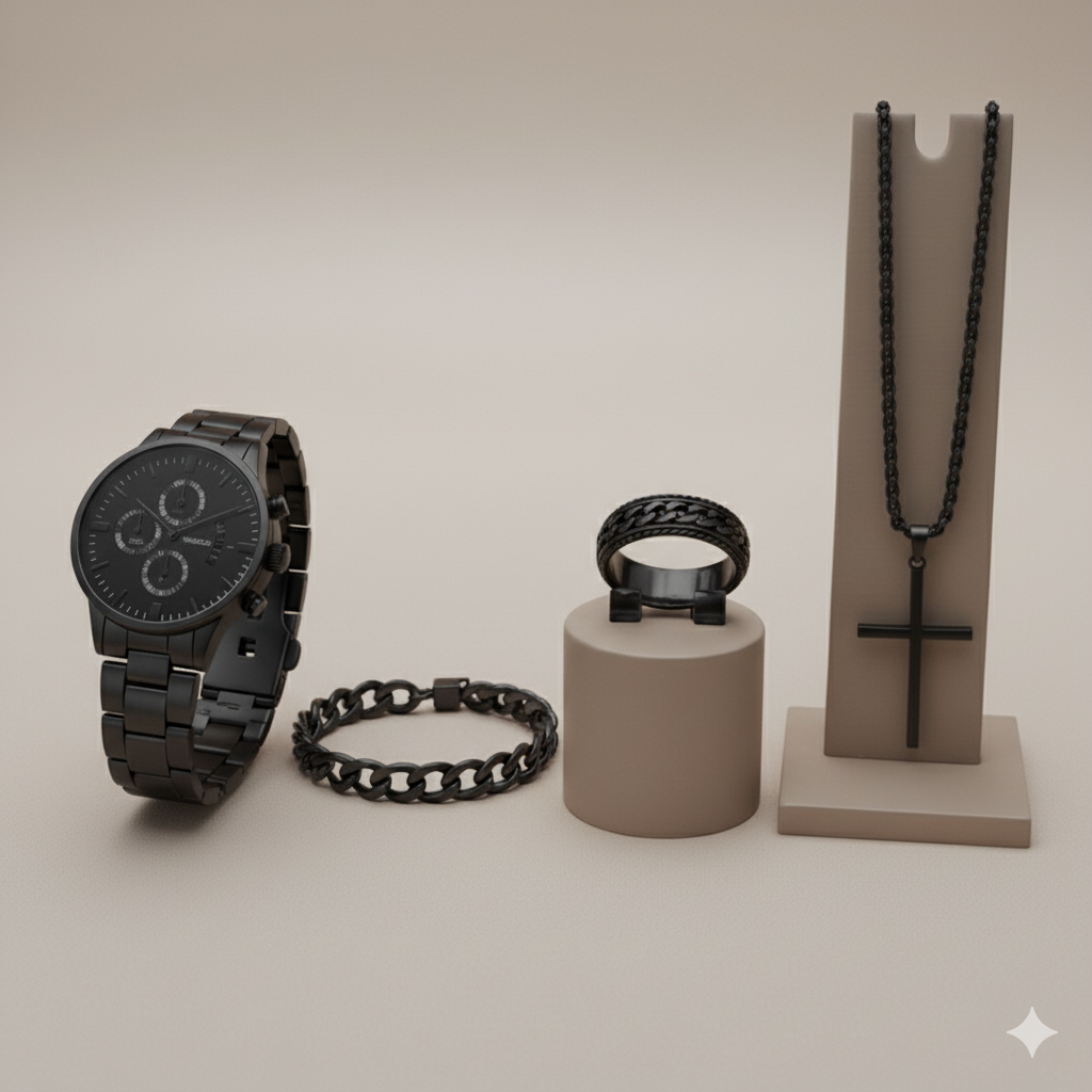 NUEVO SET LUXOR™ – RELOJ + PULSERA + CADENA + ANILLO | Edición Regalo para Hombre