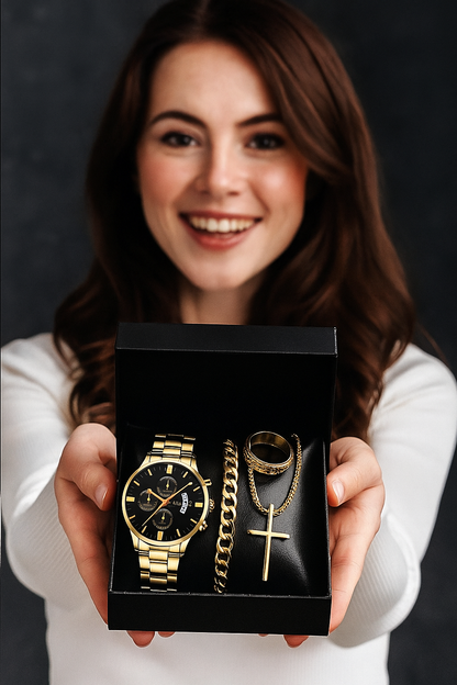 NUEVO SET LUXOR™ – RELOJ + PULSERA + CADENA + ANILLO | Edición Regalo para Hombre