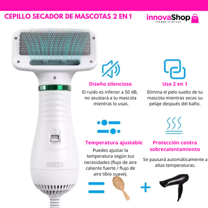 NUEVO CEPILLO SECADOR DE MASCOTA 2 EN 1 + GUIA DIGITAL CONSEJOS PARA PELAJE DE PERROS Y GATOS