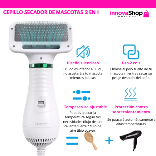 NUEVO CEPILLO SECADOR DE MASCOTA 2 EN 1 + GUIA DIGITAL CONSEJOS PARA PELAJE DE PERROS Y GATOS