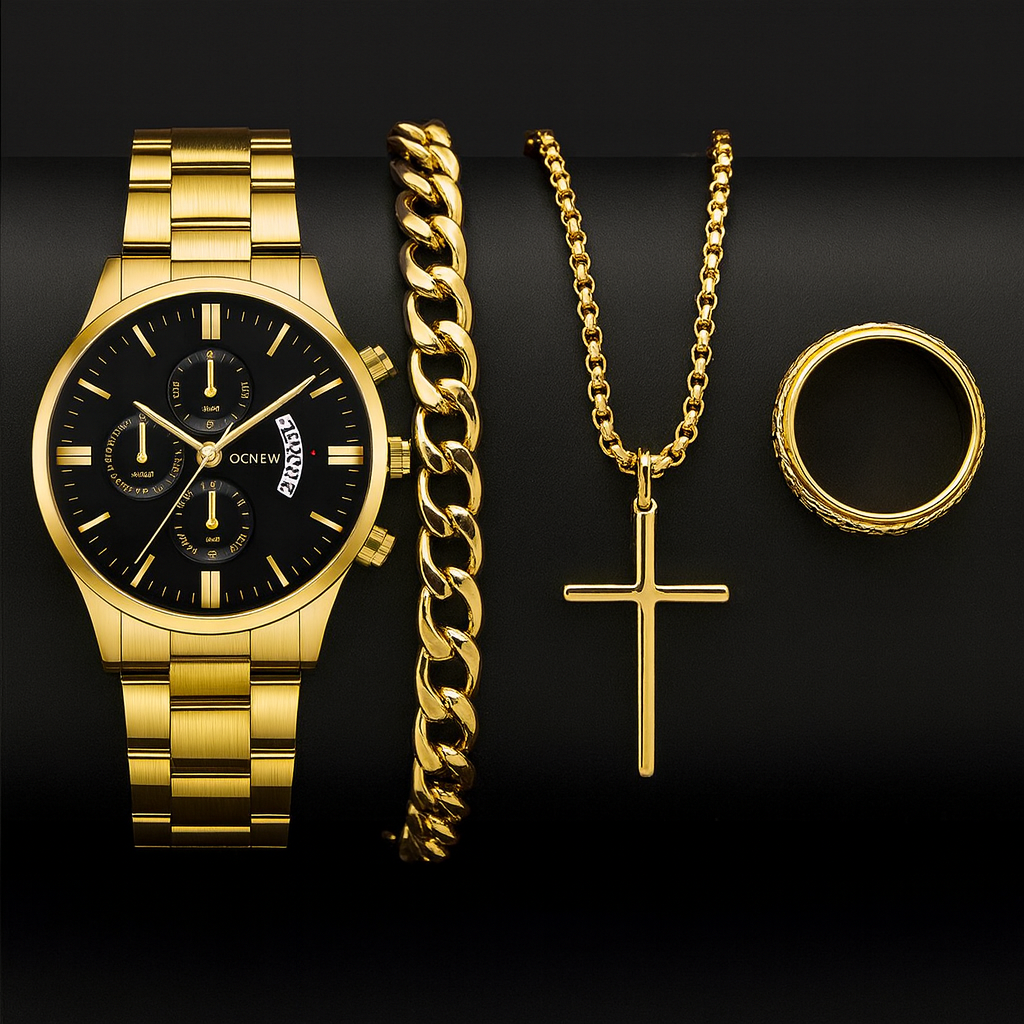 NUEVO SET LUXOR™ – RELOJ + PULSERA + CADENA + ANILLO | Edición Regalo para Hombre