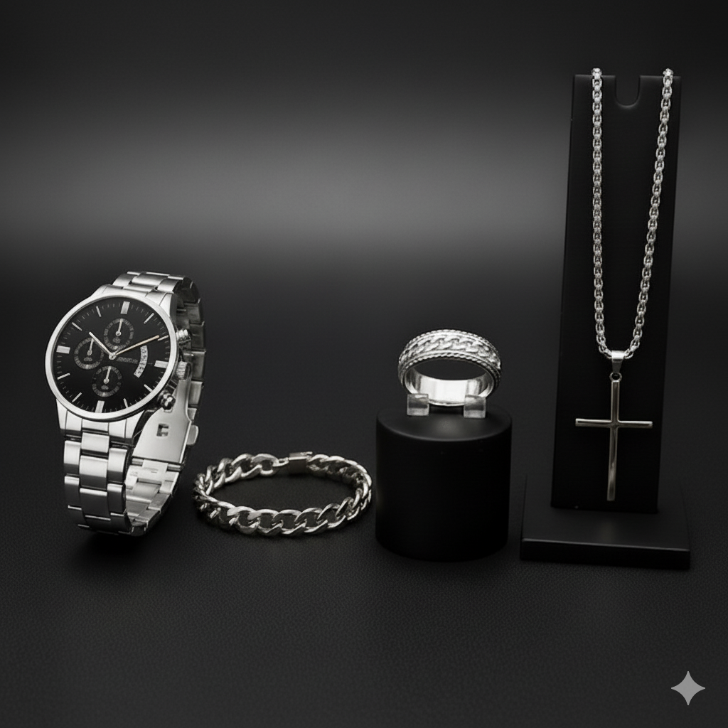 NUEVO SET LUXOR™ – RELOJ + PULSERA + CADENA + ANILLO | Edición Regalo para Hombre