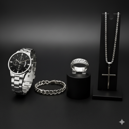 NUEVO SET LUXOR™ – RELOJ + PULSERA + CADENA + ANILLO | Edición Regalo para Hombre