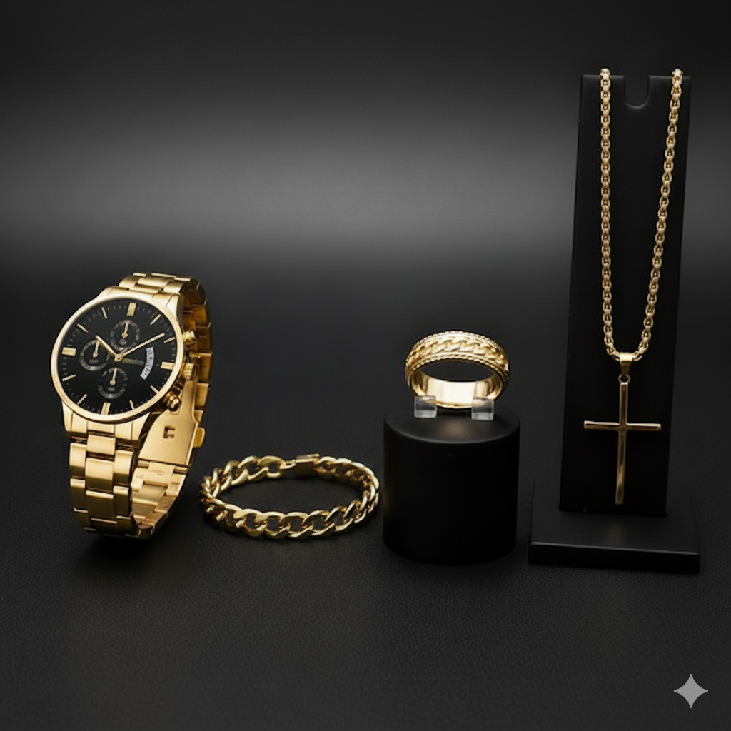 NUEVO SET LUXOR™ – RELOJ + PULSERA + CADENA + ANILLO | Edición Regalo para Hombre