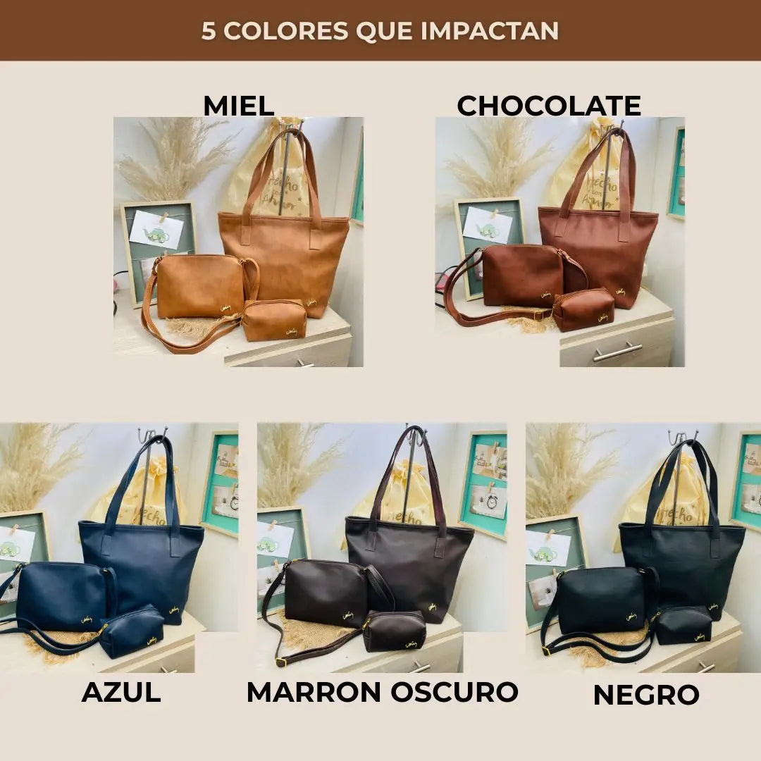 TRIO SAFARI PREMIUM™ — Set de 3 piezas en cuero | Bolso + Carriel + Cosmetiquera GRATIS