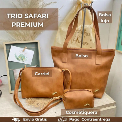 TRIO SAFARI PREMIUM™ — Set de 3 piezas en cuero | Bolso + Carriel + Cosmetiquera GRATIS