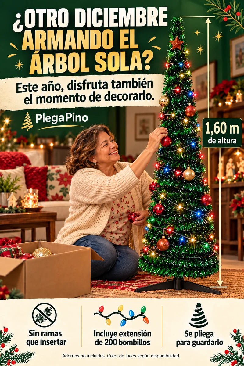 ¿Otro diciembre armando el árbol sola? PlegaPino de 1,60 m de altura, señalados con una línea vertical desde la base hasta la punta. Incluye extensión de 200 bombillos. Adornos no incluidos; luces según disponibilidad.