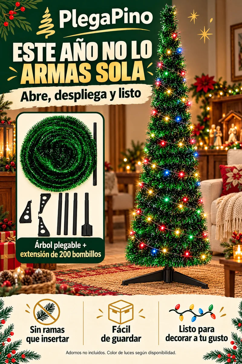 PlegaPino: este año no lo armas sola. Abre, despliega y listo. Árbol plegable con extensión de 200 bombillos, fácil de guardar y decorar.