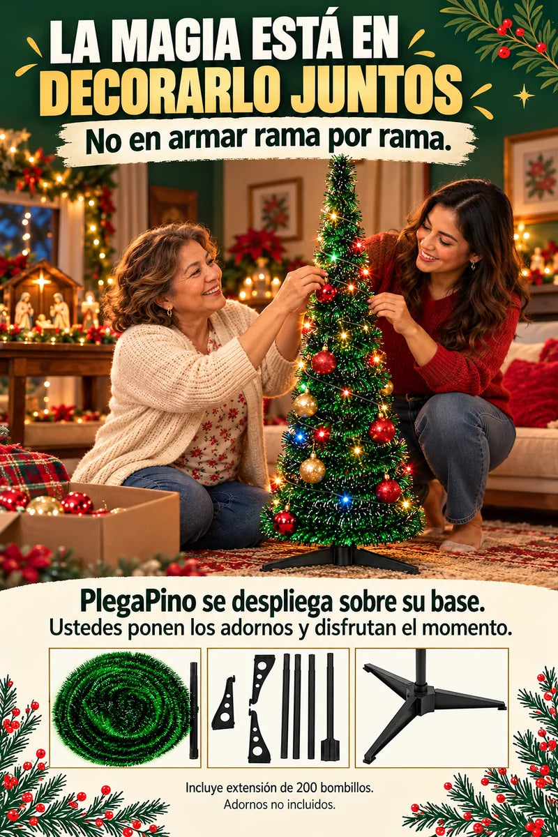La magia está en decorarlo juntos, no en armar rama por rama. Mamá e hija decoran el árbol PlegaPino. Imagen ilustrativa.