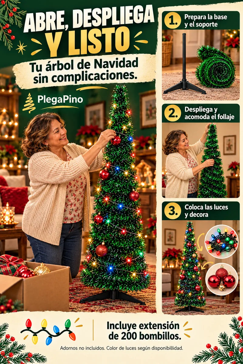 Abre, despliega y listo: prepara la base y el soporte, despliega y acomoda el follaje, coloca las luces y decora.