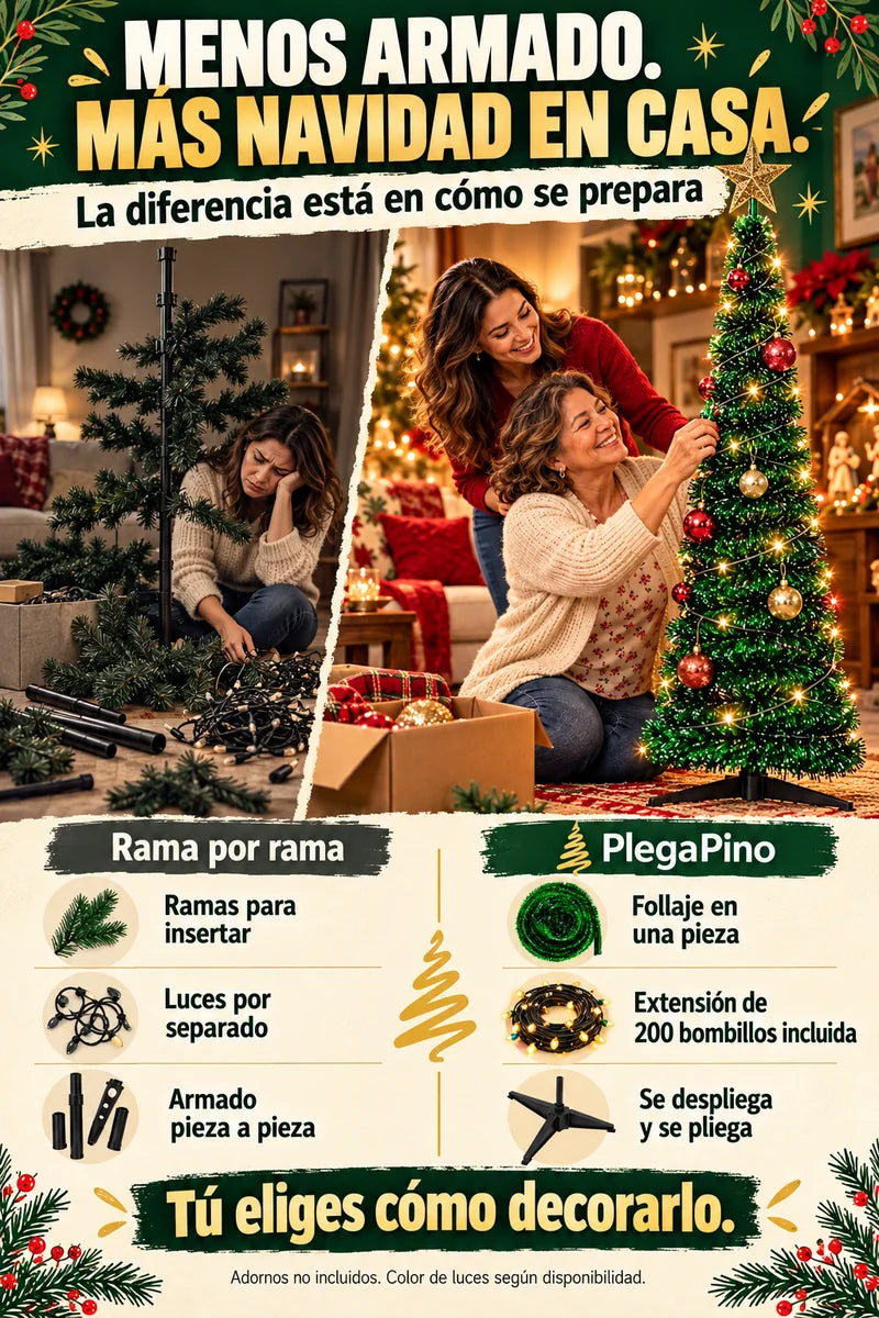 El armado rama por rama frente al follaje plegable en una pieza. PlegaPino incluye extensión de luces y se pliega para guardar.
