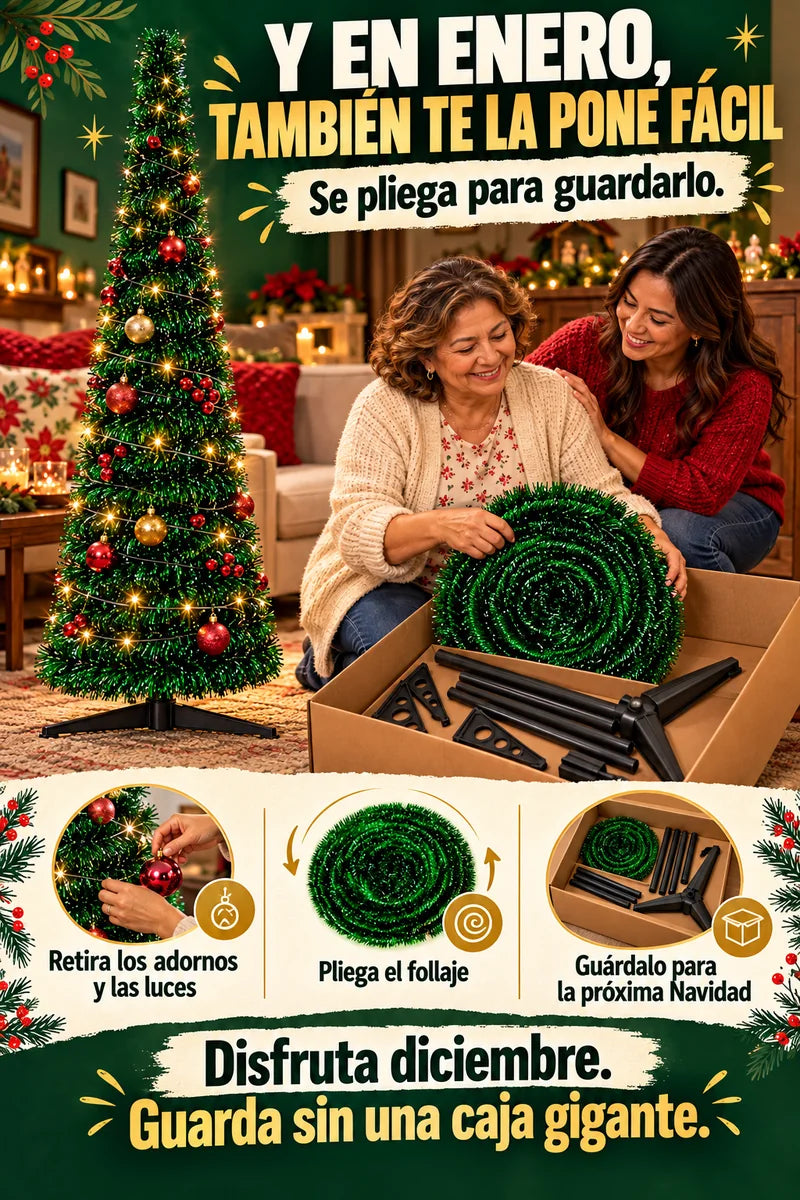 Y en enero, vuelve a plegarse. PlegaPino se guarda de forma compacta para la próxima Navidad.