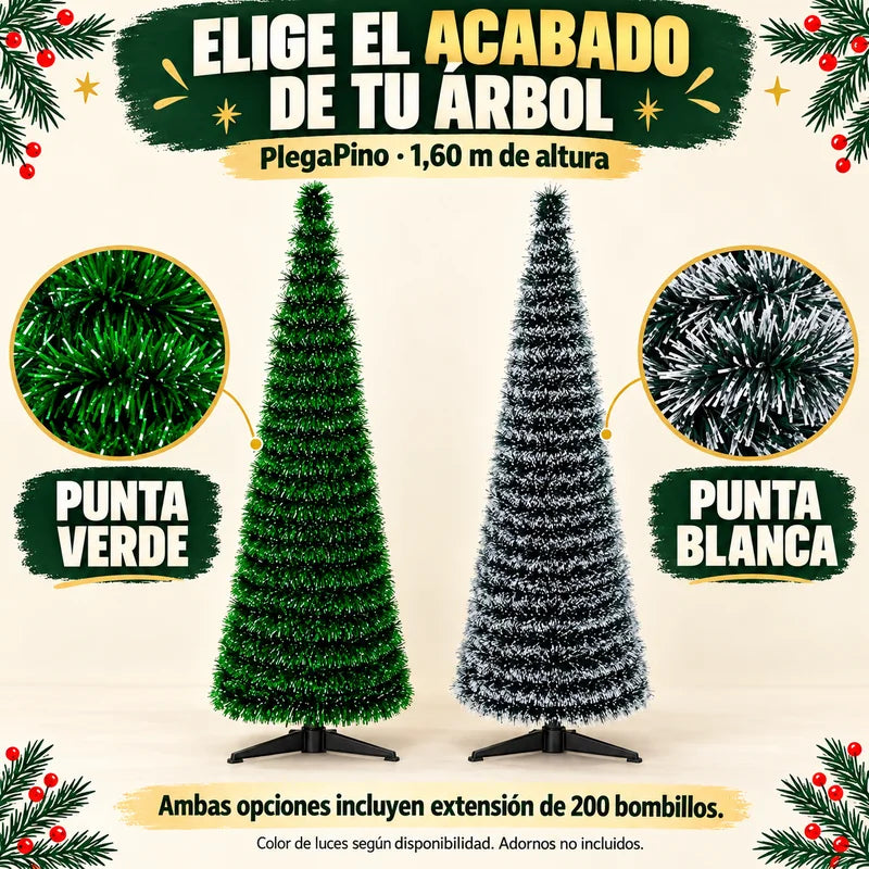 PlegaPino de 1,60 m: comparación de punta verde y punta blanca, con detalles del follaje de cada acabado